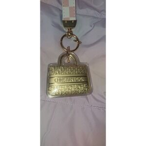 Christian Dior Gold Handbag Charm Keychain Pink Checkered Wristlet Accessory
